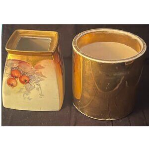 Vintage Porcelain Bough Pot w Floral Design & Matching Gold Tumbler Candleholder